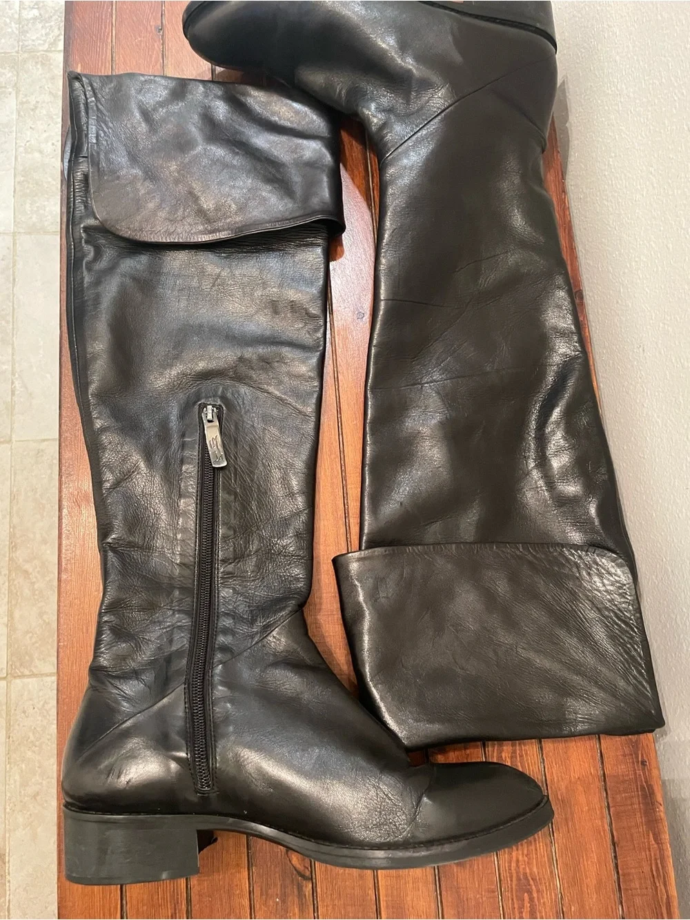 Lorenzo Masiero Black Leather Riding Boots Over-the-Knee Folded Cuff Boots